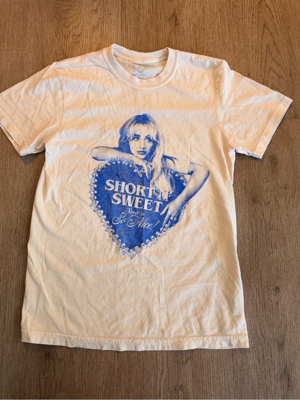White Sabrina Carpenter Graphic Tee with Blue Heart Portrait